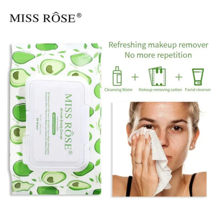 Miss Rose Avocado beauty concept facial cleaning wipes.