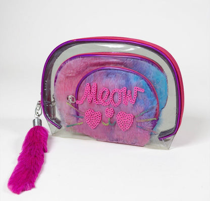 Pink and blue pouch with 'Meow' and heart designs, clear front panel, and pink tassel on a white background.