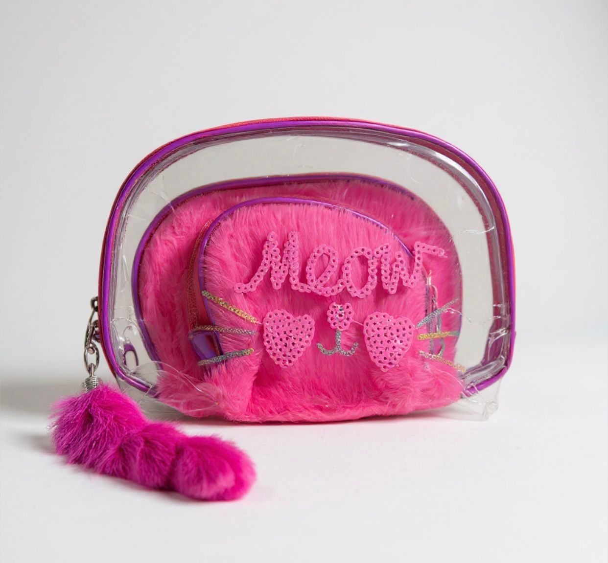 Pink pouch with 'Meow' text and fur details on a clear background