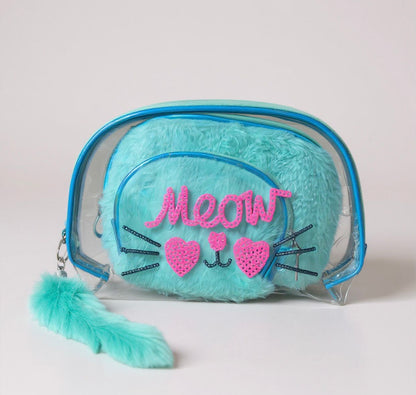 Turquoise plush bag with 'Meow' text and cat face design on a light gray background