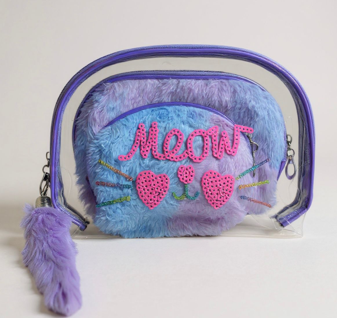 Blue furry pouch with 'Meow' text and pink hearts, inside a clear pouch on a light gray background