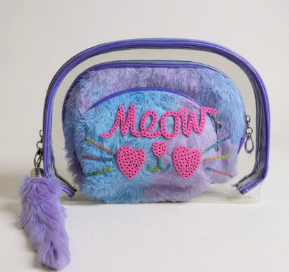 Blue furry pouch with 'Meow' text and pink hearts, inside a clear pouch on a light gray background